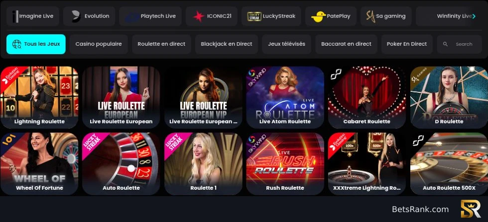 Live roulette tables with Evolution, Playtech Live and Imagine Live filters.