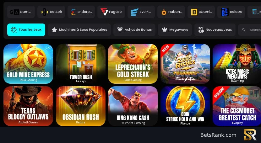 The slot lobby, including provider filters and The CosmoBet Greatest Catch.