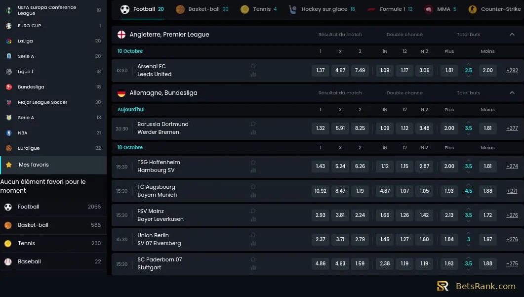 The sportsbook’s competitions and markets. Odds shown are from the time of capture.