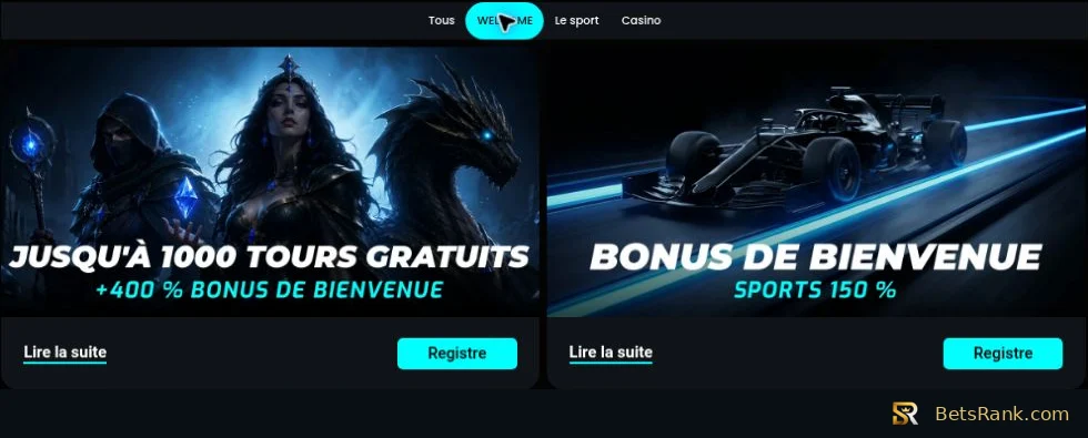 Casino and sports welcome offers. The casino’s 400% is spread across four deposits.