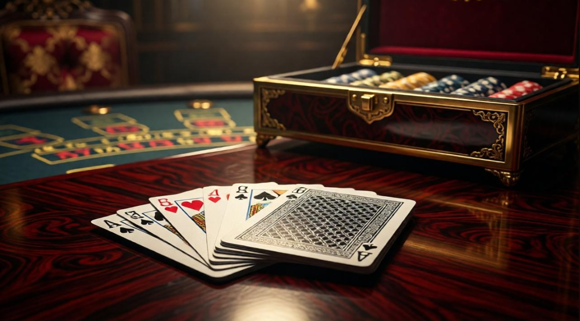 High-end baccarat table with cards laid out and a gold-trimmed shoe
