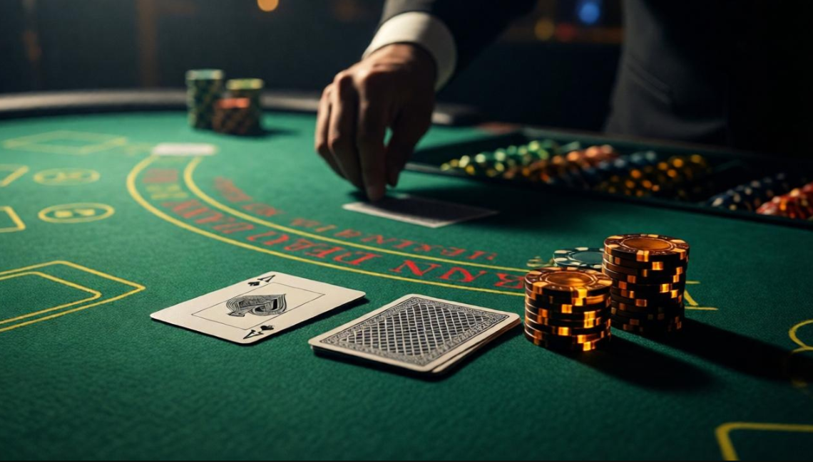 Blackjack table with dealer, visible Ace card and stacked chips
