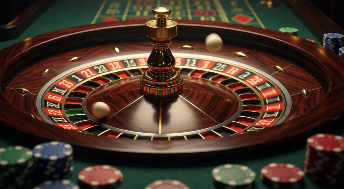 Spinning European roulette wheel with ball, mahogany and brass frame